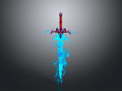 Fantasy Sword With Purple Hilt And Blue Flame Effects On Dark Background 3d model
