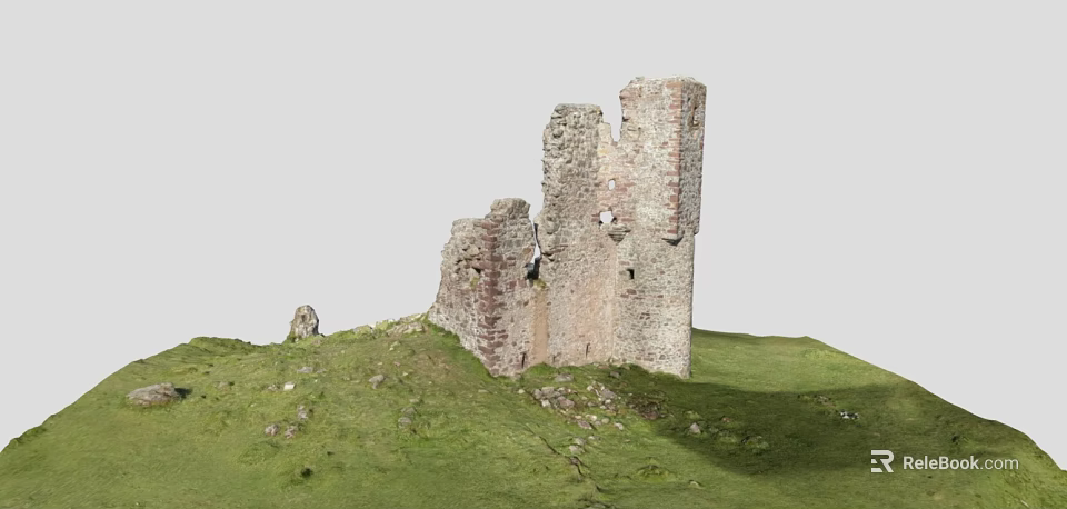 Ancient Castle Ruins Architecture With Tall Ruined Stone Brick Walls On Green Grassland 3d model 