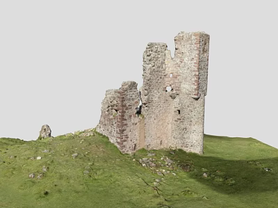 Ancient Castle Ruins Architecture With Tall Ruined Stone Brick Walls On Green Grassland 3d model