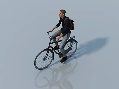 Many people riding bicycles with backpacks on light blue background with ground reflection 3d model