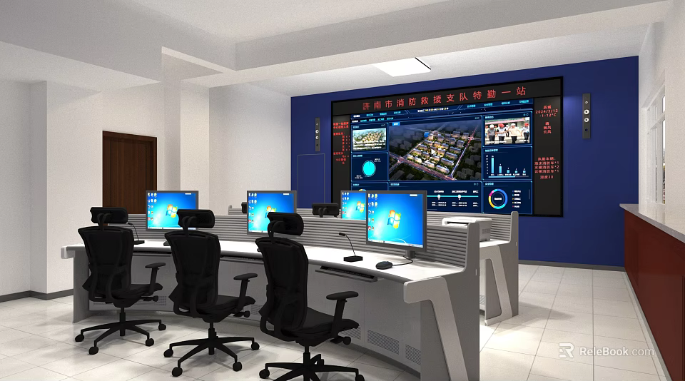 Monitoring Room With Multiple Computer Monitors And Large Digital Display Control Consoles 3d model 