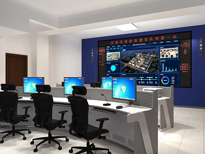 Monitoring Room With Multiple Computer Monitors And Large Digital Display Control Consoles 3d model
