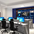 Monitoring Room With Multiple Computer Monitors And Large Digital Display Control Consoles