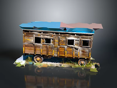 Old Wooden Carriage Model With Blue Brown Roof Decorative Wheels And Ground Details 3d model