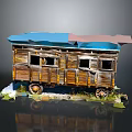Old Wooden Carriage Model With Blue Brown Roof Decorative Wheels And Ground Details