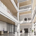 Modern Lobby Reception Desk Interior Design With Glass Doors Columns And Visitors