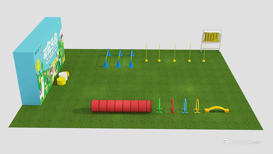 Colorful Kids Playground Equipment with Cones Tunnel Arches and Hurdles on Green Grass 3d model 