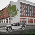 Modern School Building Exterior With Glass Walls Red Brick Columns Green Plants And Spacious Walkway