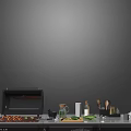 Outdoor Cooking Station With Roasted Meat Spice Bottles Knives Pots And Storage Compartments