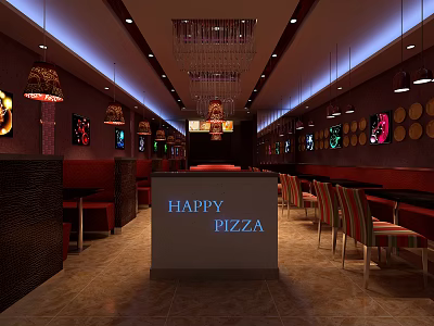 Happy Pizza Restaurant Interior With Chandeliers Tables Chairs And Decorative Paintings 3d model