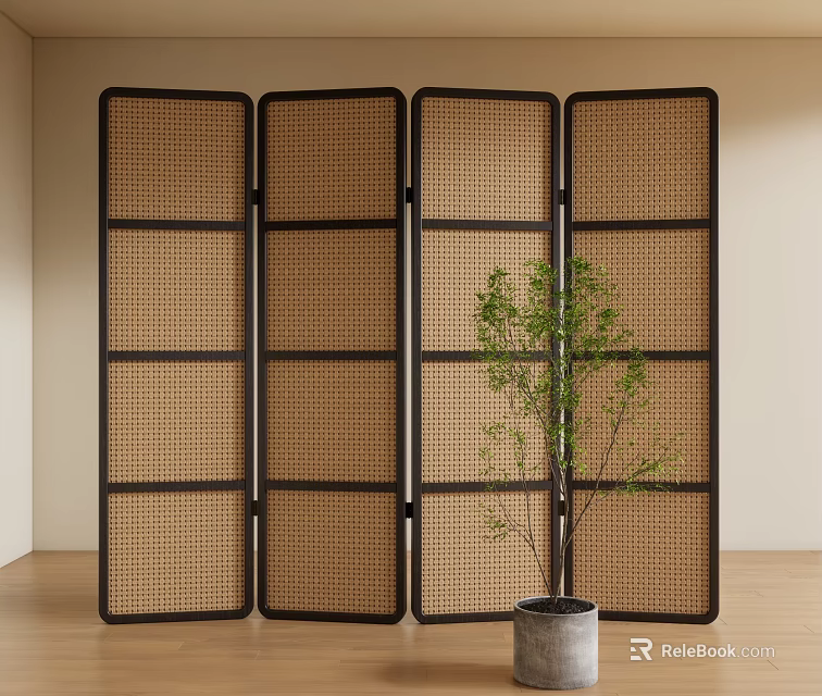 Four Panel Rattan Room Divider With Black Frame And Indoor Plant 3d model 