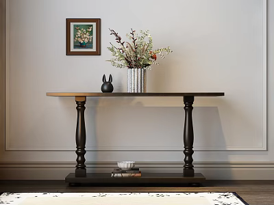 Elegant Wooden Console Table With Flower Vase Bunny Ornament And Decorative Painting 3d model