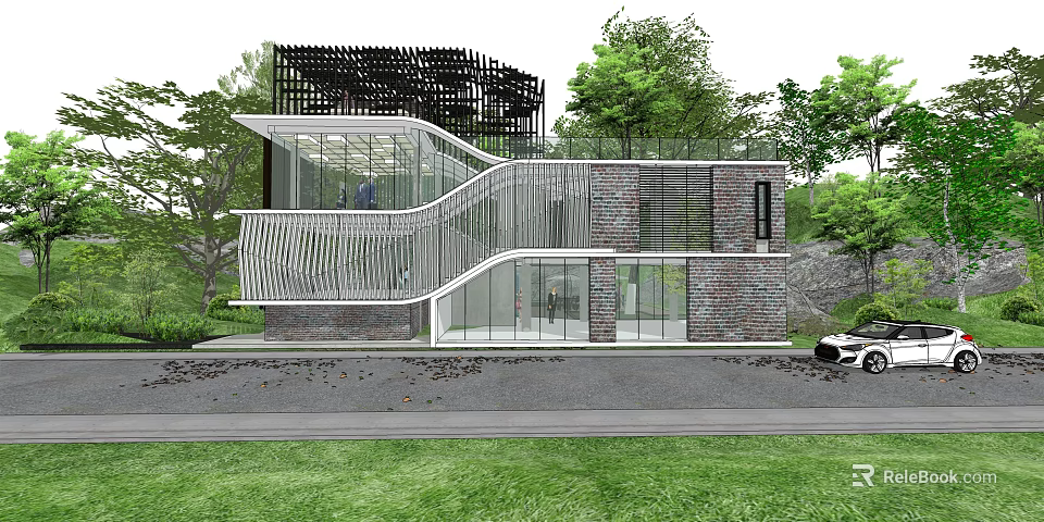 Modern Detached Villa Exterior Design With Glass Facade Brick Wall And Trees 3d model 