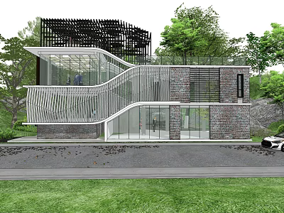 Modern Detached Villa Exterior Design With Glass Facade Brick Wall And Trees 3d model