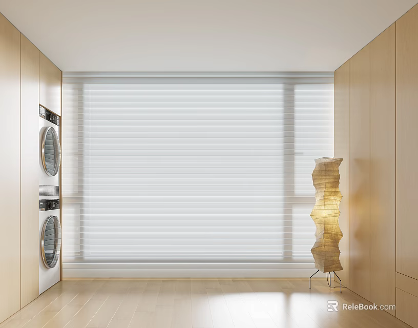 Modern Laundry Room With White Venetian Blinds Large Window Wooden Cabinets And Floor Lamp 3d model 