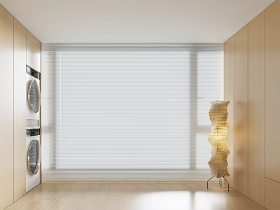 Modern Laundry Room With White Venetian Blinds Large Window Wooden Cabinets And Floor Lamp 3d model