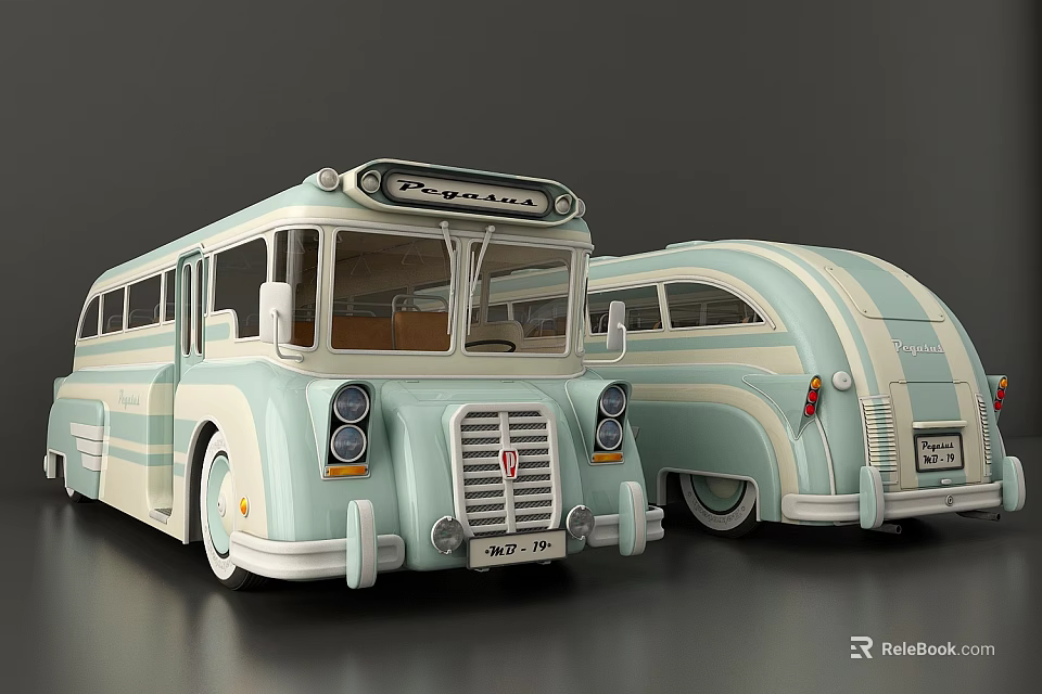 Vintage Light Blue And White Buses With Classic Retro Design Features 3d model 