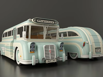 Vintage Light Blue And White Buses With Classic Retro Design Features 3d model