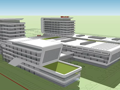 Modern Medical Building Complex With Multi Story Structures And Green Roof Design 3d model