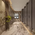 Modern Public Restroom Interior Design With Marble Walls Double Vanities Mirrors And Lighting Design