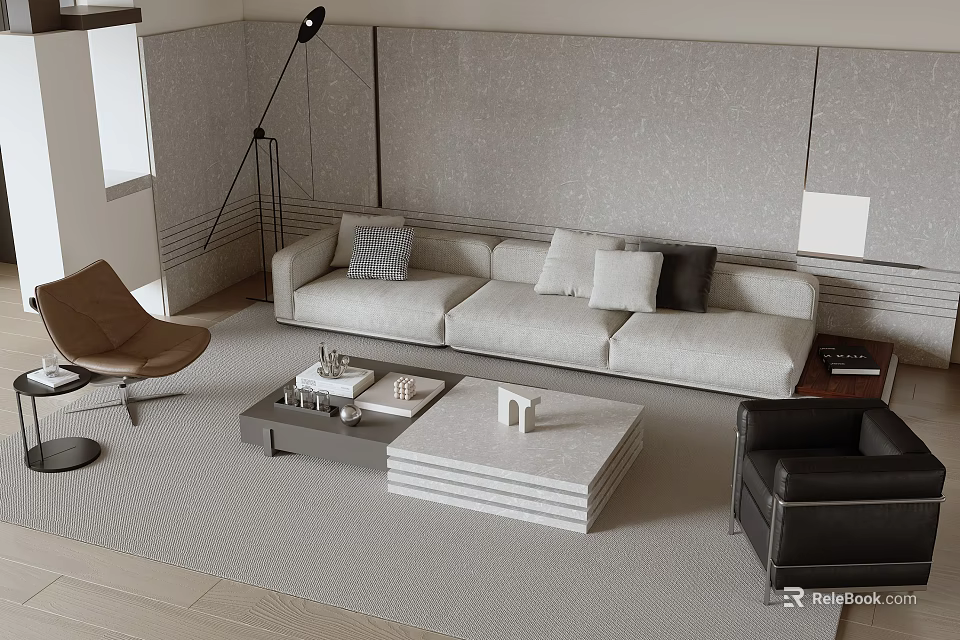 Modern Living Room Sofa And Coffee Table Combination With Neutral Pillows And Floor Lamp 3d model 