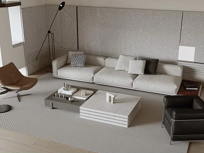 Modern Living Room Sofa And Coffee Table Combination With Neutral Pillows And Floor Lamp 3d model