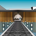Garden Landscape With Long Pathway Lanterns Water Features Green Plants And Architecture