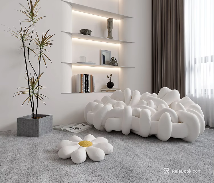 White Cloud Shaped Lazy Sofa In Modern Living Room With Floral Ottoman And Green Plant 3d model 