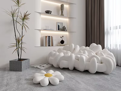 White Cloud Shaped Lazy Sofa In Modern Living Room With Floral Ottoman And Green Plant 3d model
