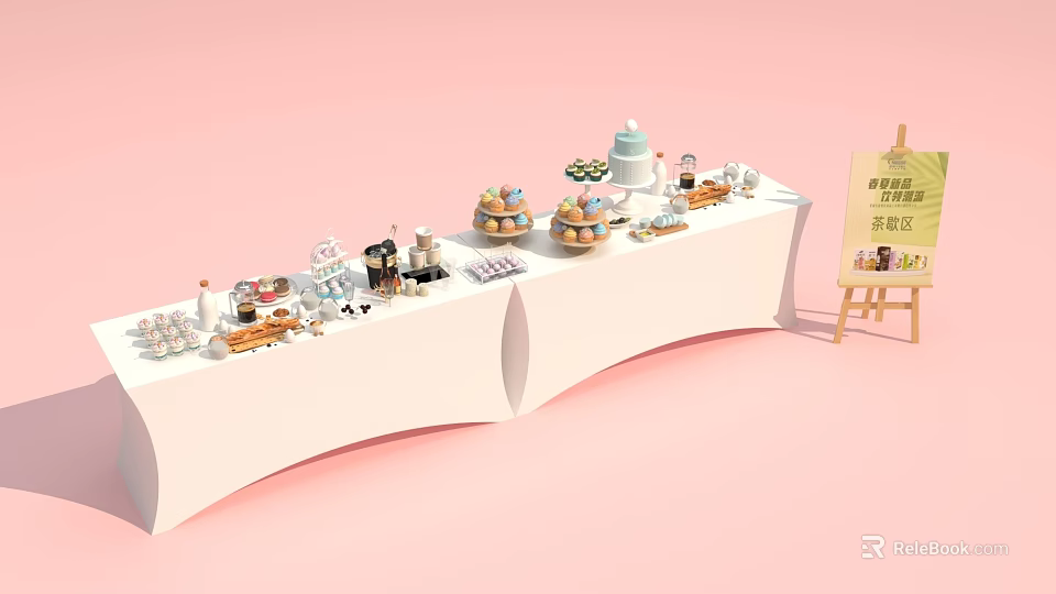 Cakes Breads Sushi And Desserts On White Table At Food Festival New Product Area 3d model 