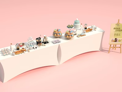 Cakes Breads Sushi And Desserts On White Table At Food Festival New Product Area 3d model