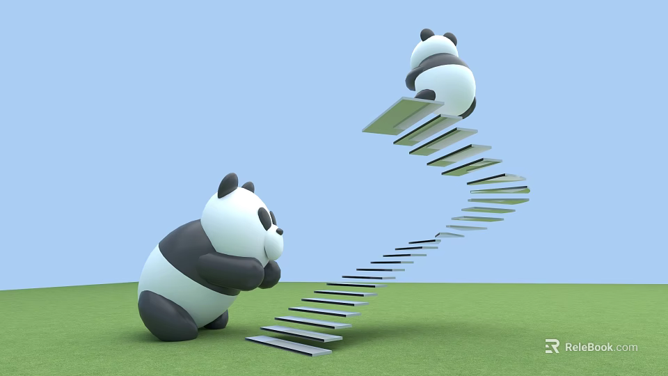 Two Pandas By Spiral Stairs One Climbing Up And One Sitting Below On Green Grass 3d model 