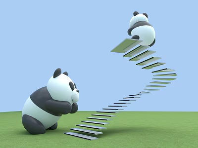 Two Pandas By Spiral Stairs One Climbing Up And One Sitting Below On Green Grass 3d model