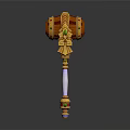 Ornate Hammer Weapon With Golden Details Orange Red Head Green Gemstones White Handle Colorful Ornaments