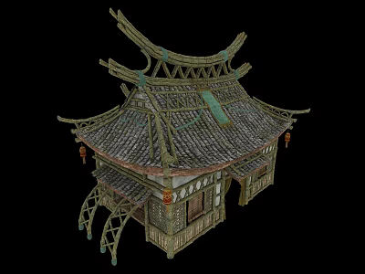 Cartoon Scene of Traditional Chinese Pavilion with Curved Eaves Tiled Roof and Wooden Structure 3d model