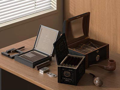 Cigar Humidors And Accessories On Wooden Desktop 3d model