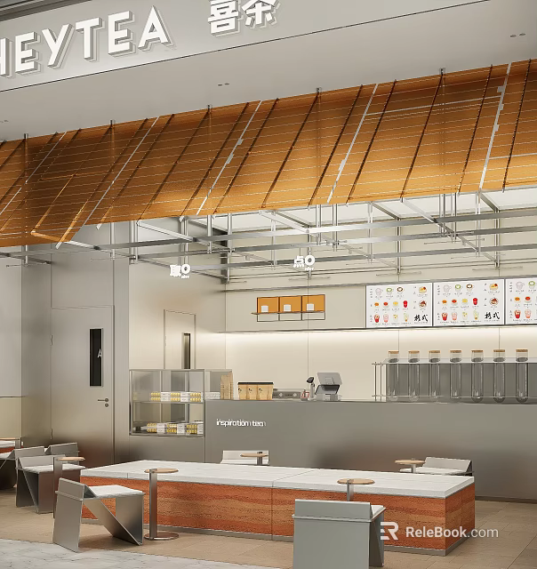 Modern Milk Tea Shop Interior With Bar Counter Menu Boards And Seating Area 3d model 