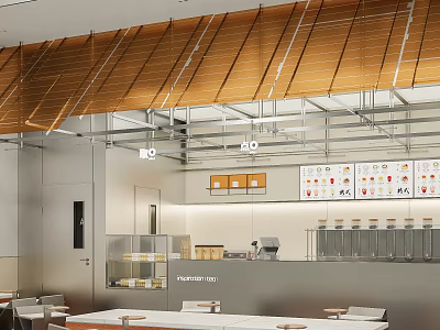 Modern Milk Tea Shop Interior With Bar Counter Menu Boards And Seating Area 3d model