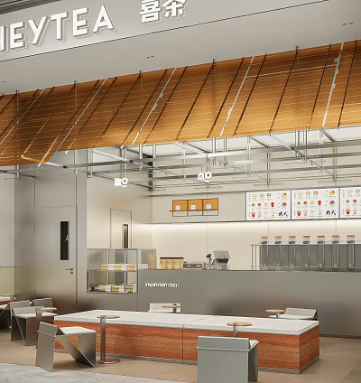 Modern Milk Tea Shop Interior With Bar Counter Menu Boards And Seating Area 3d model