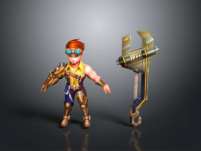 Cartoon Muscular Man In Yellow Vest And Blue Pants With Goggles Near Large Mechanical Device 3d model