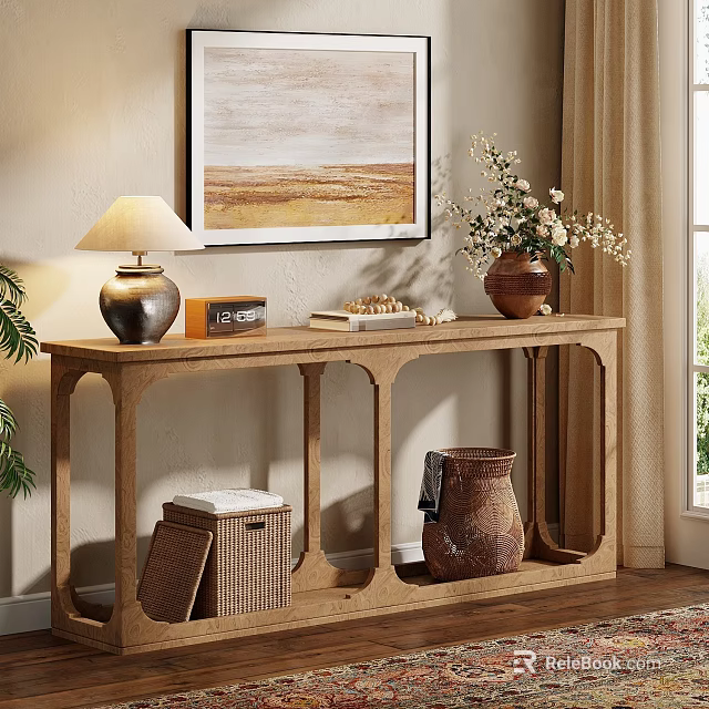 Natural Wooden Console Table with Lamp Vase Books Storage Baskets in Cozy Entryway 3d model 