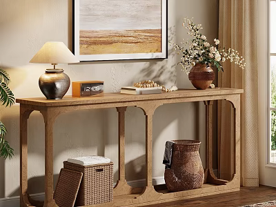 Natural Wooden Console Table with Lamp Vase Books Storage Baskets in Cozy Entryway 3d model