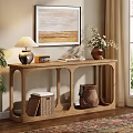 Natural Wooden Console Table with Lamp Vase Books Storage Baskets in Cozy Entryway