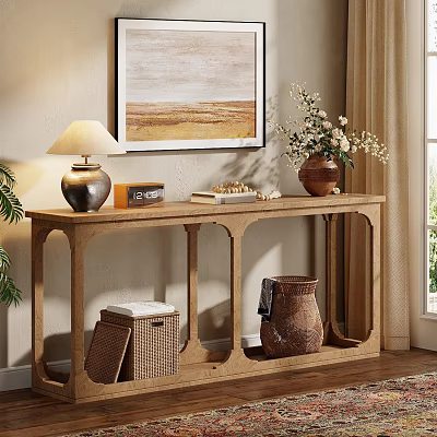 Natural Wooden Console Table with Lamp Vase Books Storage Baskets in Cozy Entryway 3d model