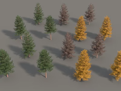 Various Colored Trees With Slender Trunks And Conical Crowns On Grey Background 3d model