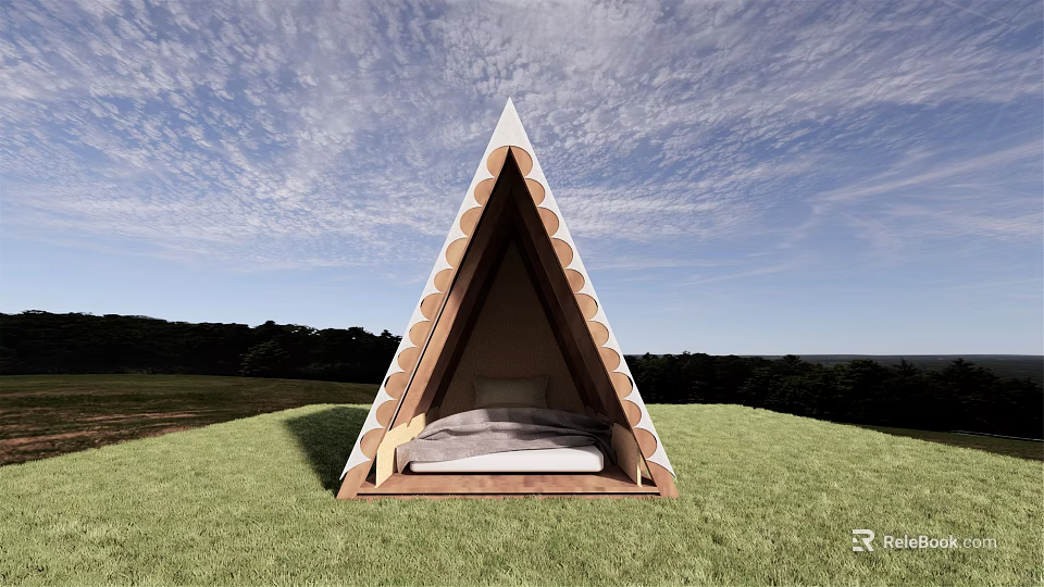 Triangular Roof Wooden House In Green Grassland With Bed Inside Blue Sky And Distant Trees 3d model 