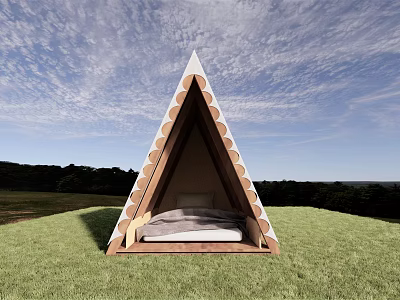 Triangular Roof Wooden House In Green Grassland With Bed Inside Blue Sky And Distant Trees 3d model