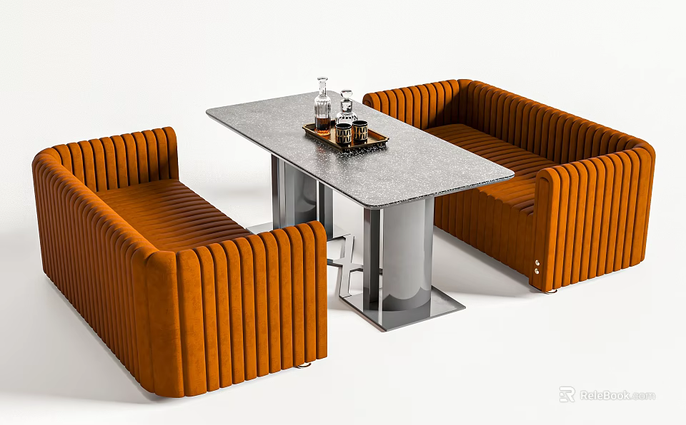 Orange Corduroy Sofa Set With Rectangular Coffee Table And Decorative Items 3d model 