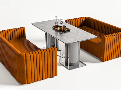 Orange Corduroy Sofa Set With Rectangular Coffee Table And Decorative Items 3d model