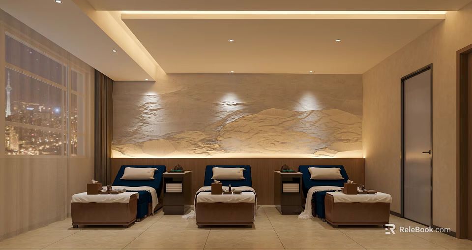 Luxurious SPA Sauna Room Interior With Massage Beds Blue Cushions Soft Lighting And Mountain Relief Wall 3d model 
